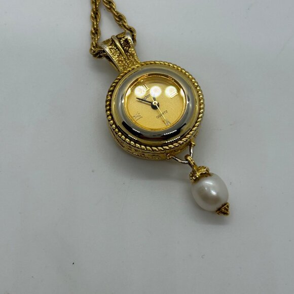Gold Tone Pendant Watch Necklace With Faux Pearl Drop Floral Roman Working READ - Picture 2 of 10